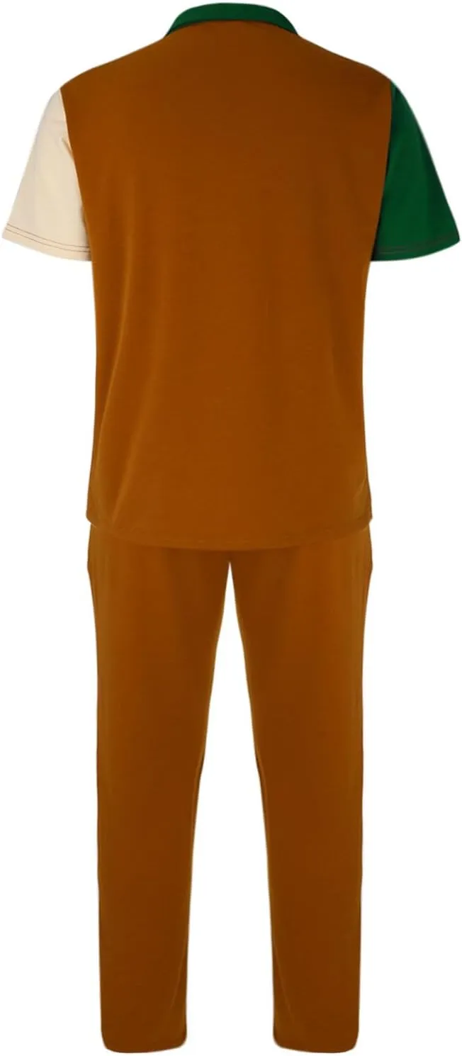 Mens Color Block Tracksuit Summer Matching Set Casual Short Sleeve Button Down Shirts Drawstring Waist Beach Pants