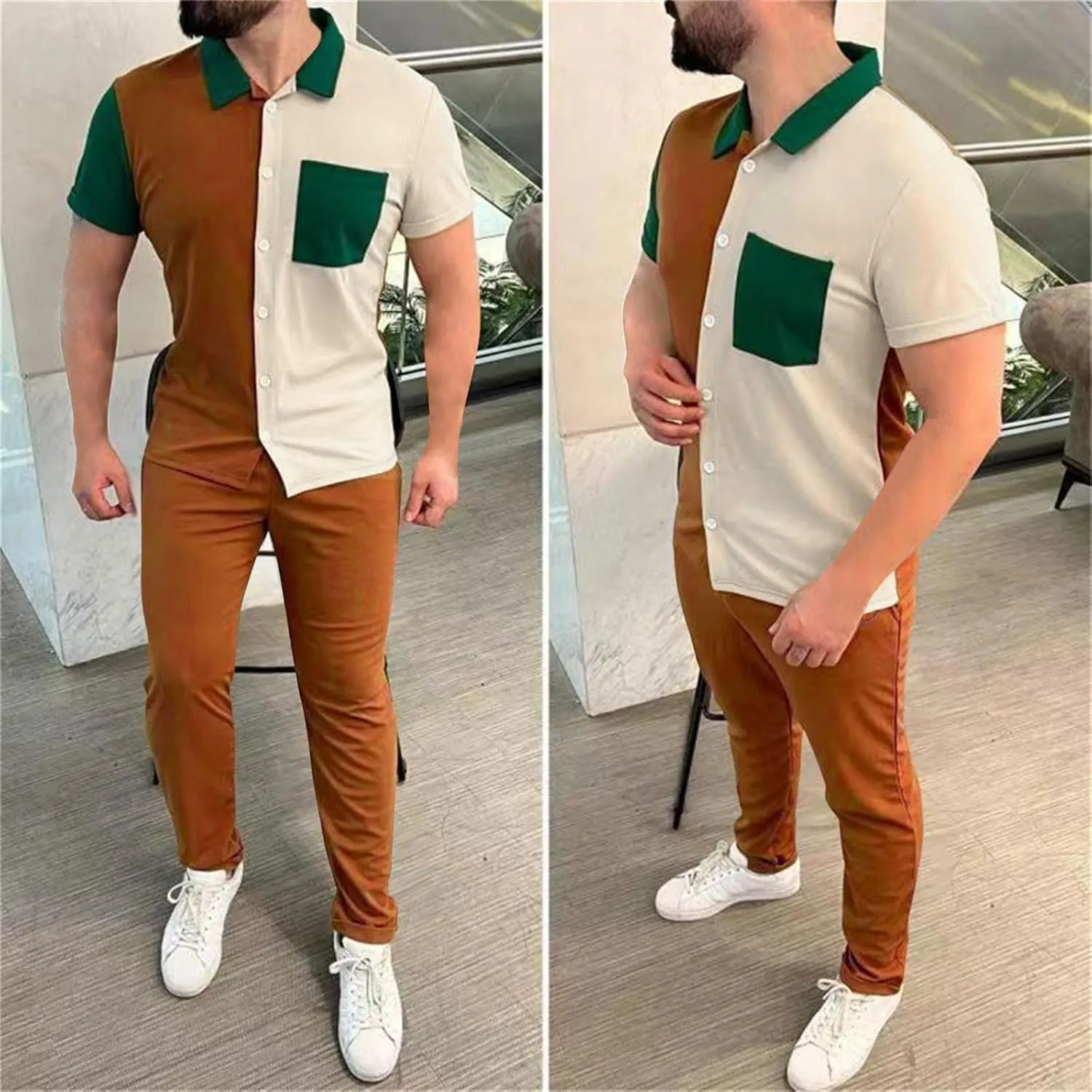 Mens Color Block Tracksuit Summer Matching Set Casual Short Sleeve Button Down Shirts Drawstring Waist Beach Pants