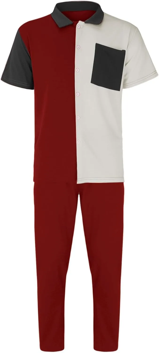 Mens Color Block Tracksuit Summer Matching Set Casual Short Sleeve Button Down Shirts Drawstring Waist Beach Pants