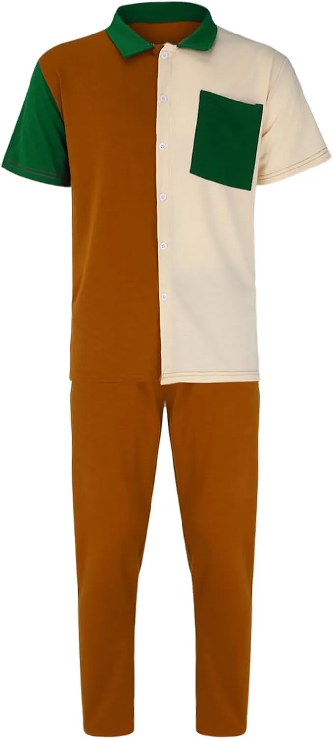 Mens Color Block Tracksuit Summer Matching Set Casual Short Sleeve Button Down Shirts Drawstring Waist Beach Pants