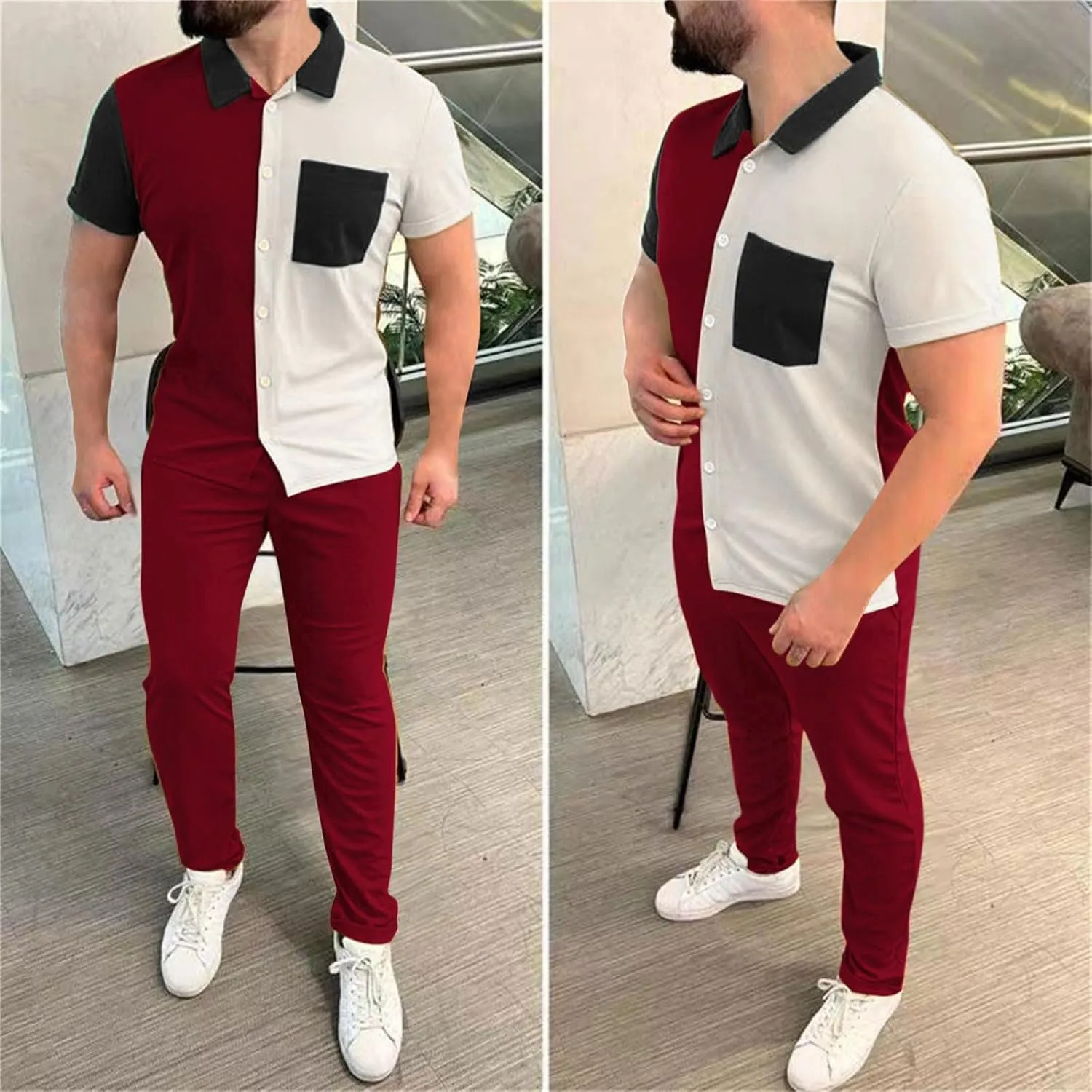 Mens Color Block Tracksuit Summer Matching Set Casual Short Sleeve Button Down Shirts Drawstring Waist Beach Pants