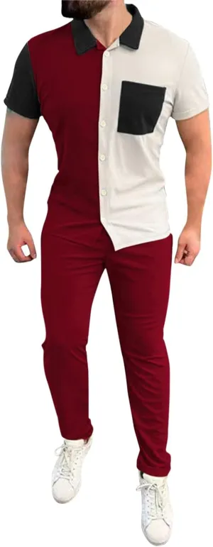 Mens Color Block Tracksuit Summer Matching Set Casual Short Sleeve Button Down Shirts Drawstring Waist Beach Pants