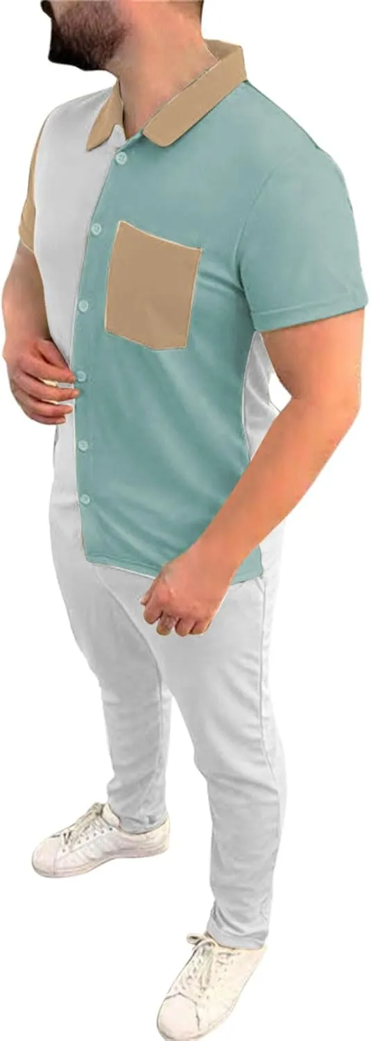 Mens Color Block Tracksuit Summer Matching Set Casual Short Sleeve Button Down Shirts Drawstring Waist Beach Pants