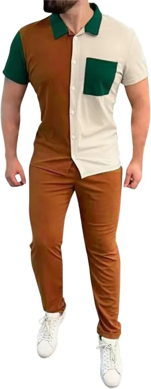 Mens Color Block Tracksuit Summer Matching Set Casual Short Sleeve Button Down Shirts Drawstring Waist Beach Pants