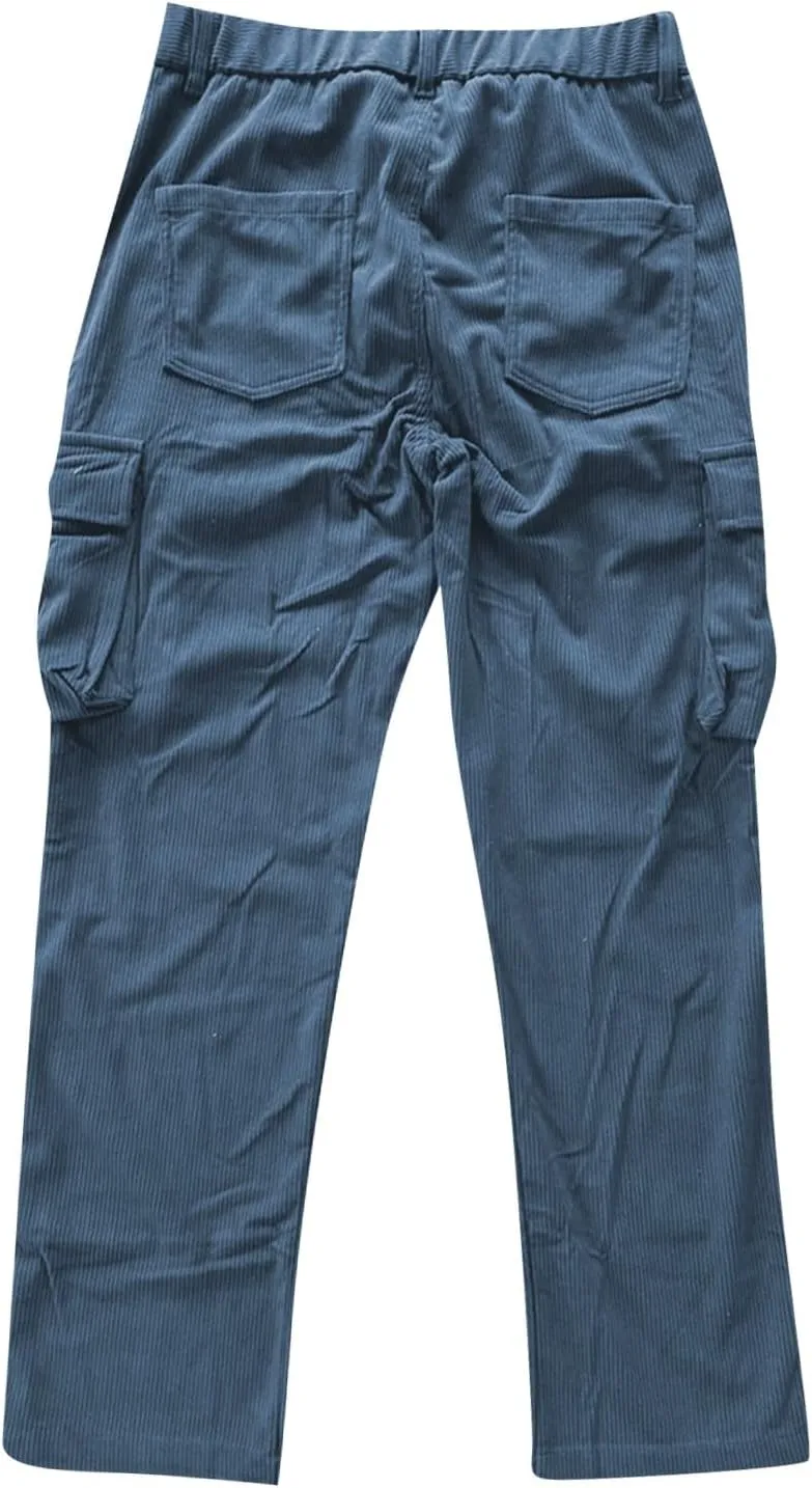 Mens Corduroy Cargo Pant Causal Baggy Straight Wide Leg Hiking Work Pants with Multi Pocket Hip Hop Trouser Streetwear