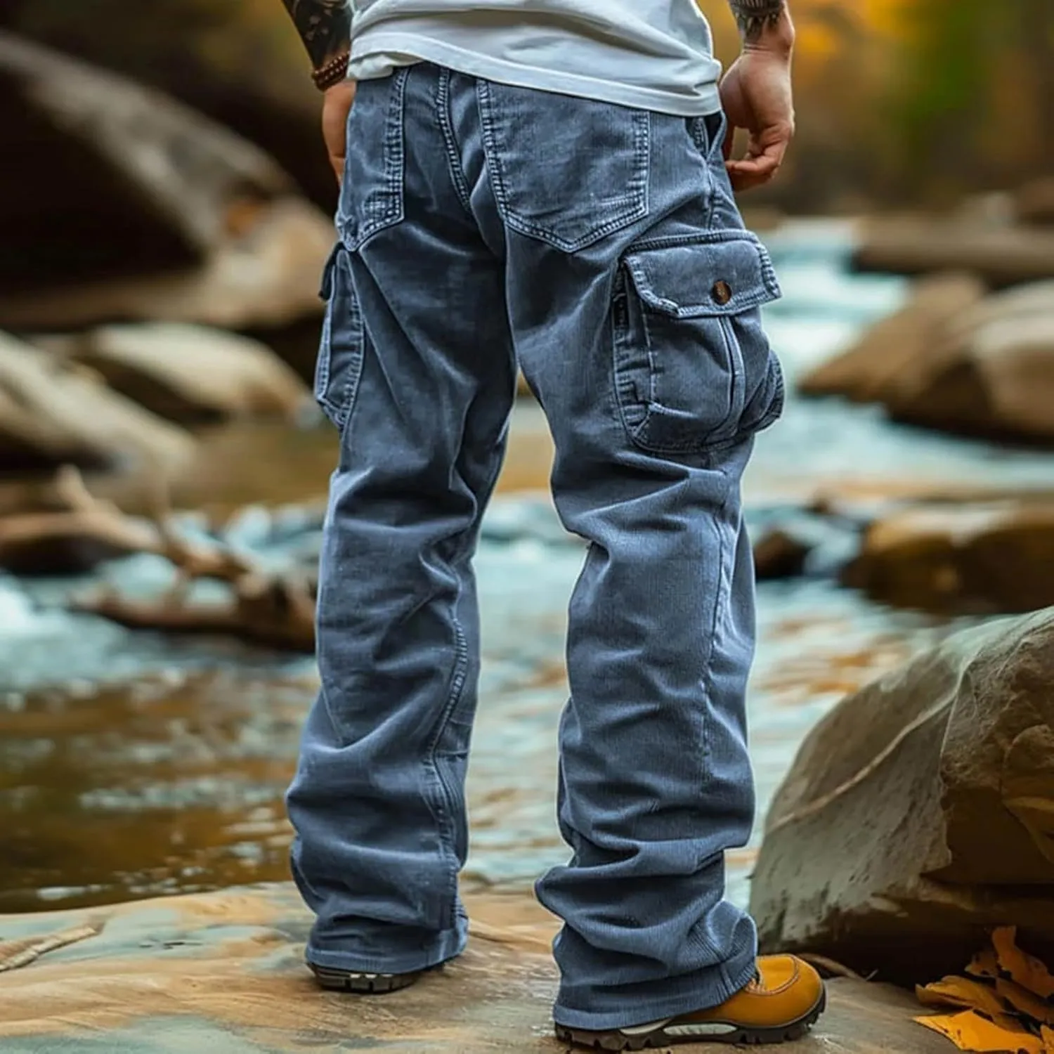 Mens Corduroy Cargo Pant Causal Baggy Straight Wide Leg Hiking Work Pants with Multi Pocket Hip Hop Trouser Streetwear