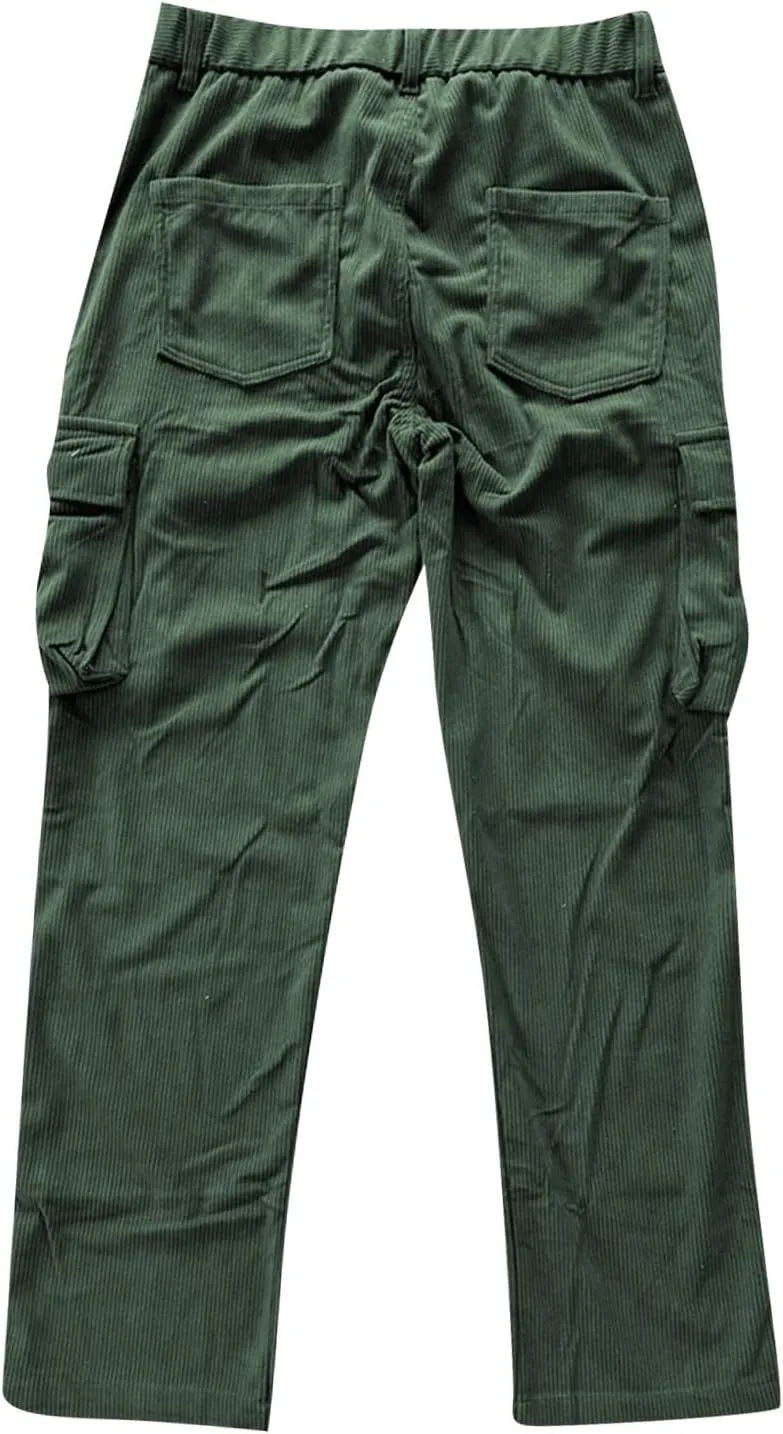 Mens Corduroy Cargo Pant Causal Baggy Straight Wide Leg Hiking Work Pants with Multi Pocket Hip Hop Trouser Streetwear