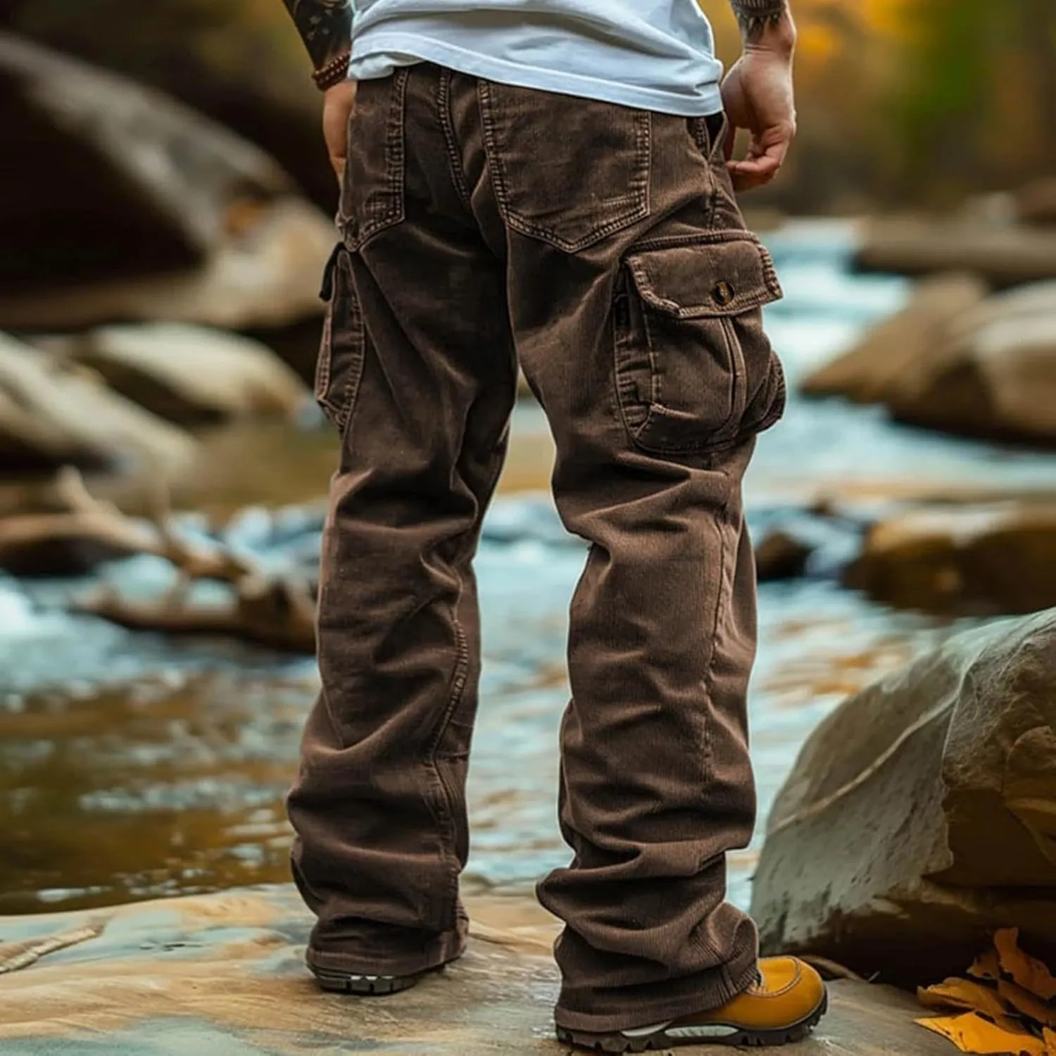 Mens Corduroy Cargo Pant Causal Baggy Straight Wide Leg Hiking Work Pants with Multi Pocket Hip Hop Trouser Streetwear