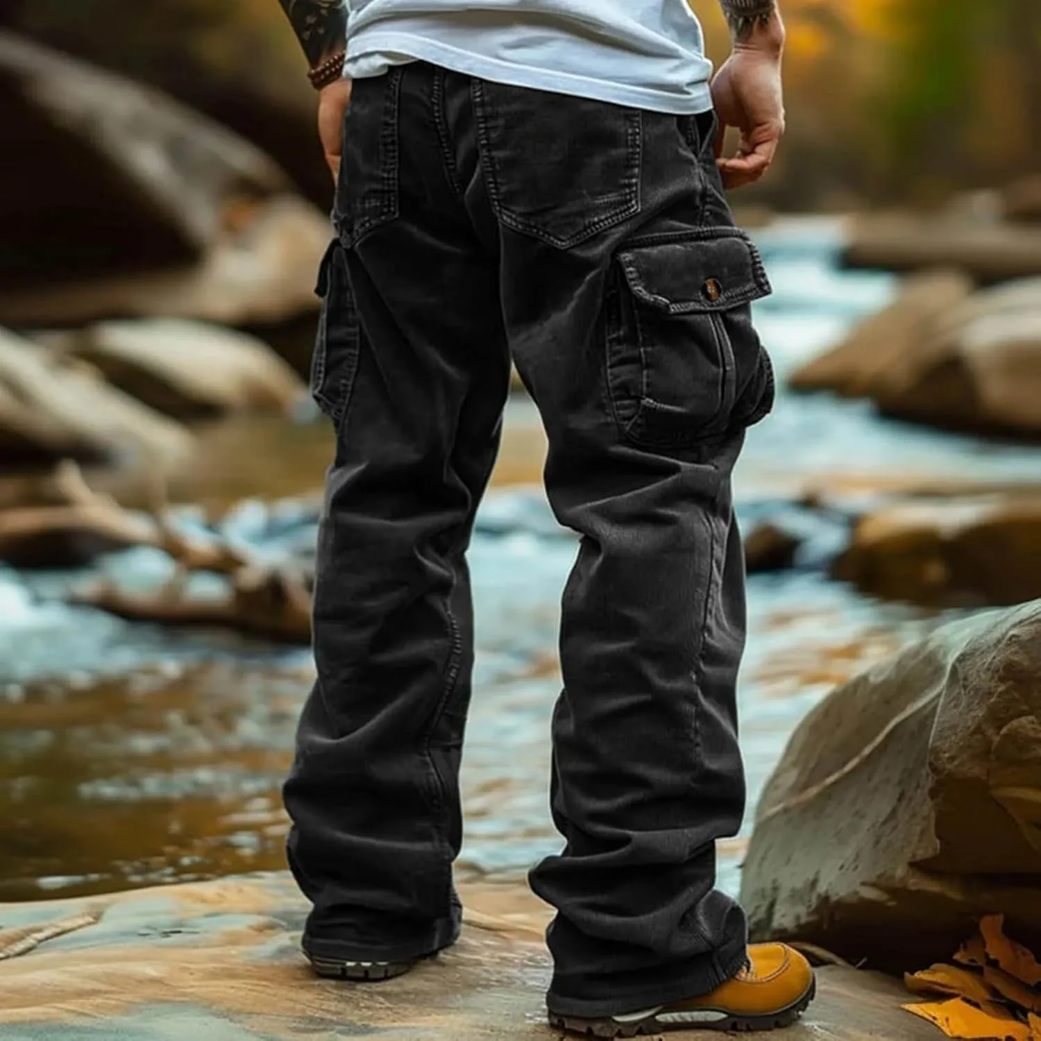 Mens Corduroy Cargo Pant Causal Baggy Straight Wide Leg Hiking Work Pants with Multi Pocket Hip Hop Trouser Streetwear