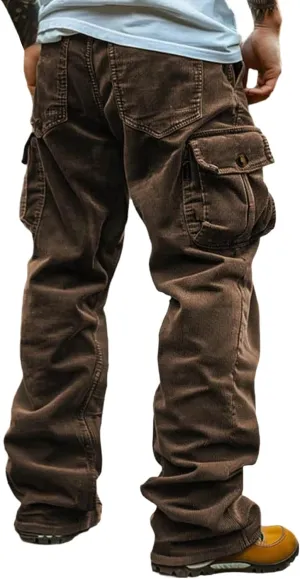 Mens Corduroy Cargo Pant Causal Baggy Straight Wide Leg Hiking Work Pants with Multi Pocket Hip Hop Trouser Streetwear
