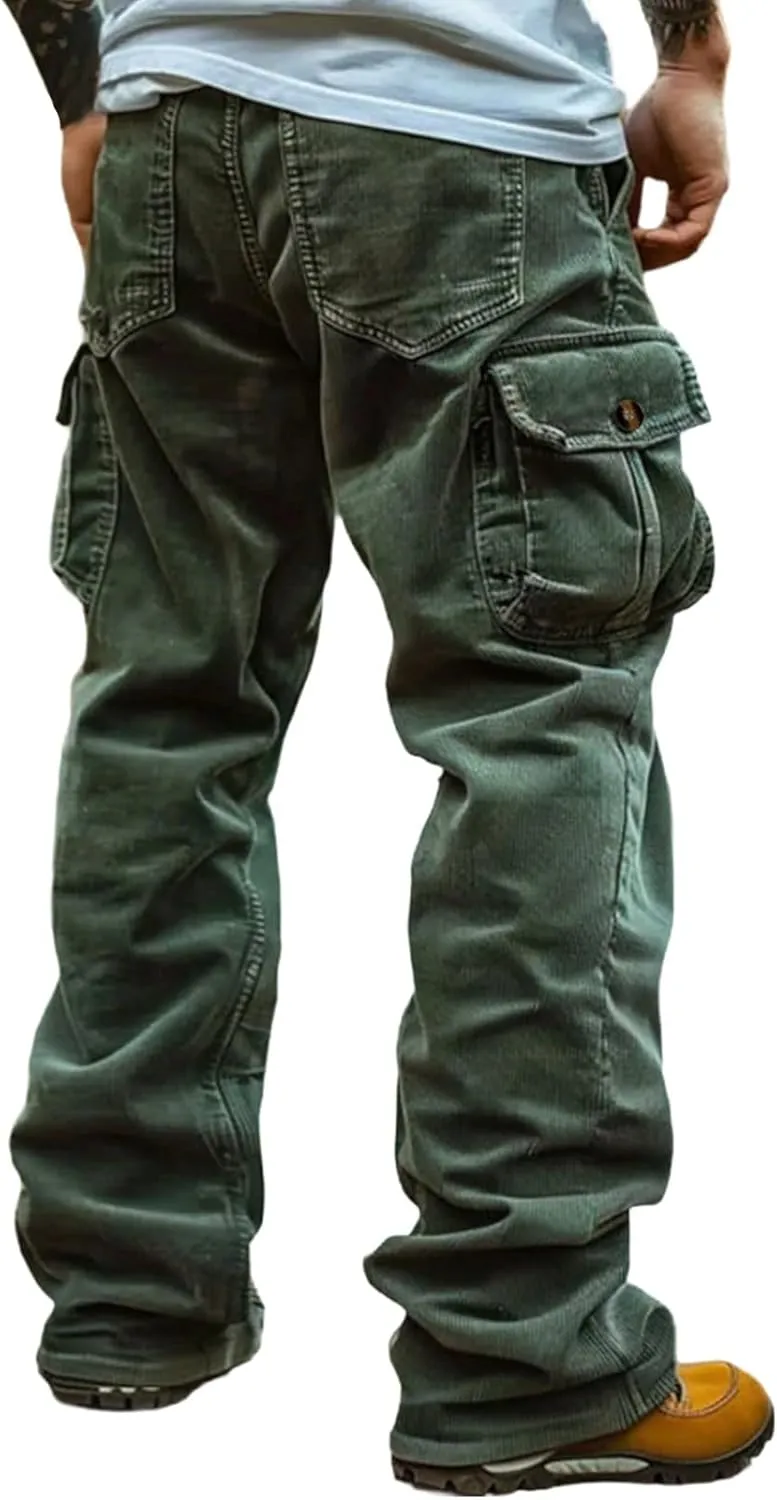 Mens Corduroy Cargo Pant Causal Baggy Straight Wide Leg Hiking Work Pants with Multi Pocket Hip Hop Trouser Streetwear