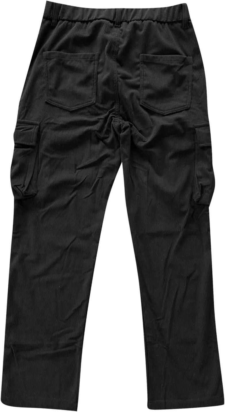 Mens Corduroy Cargo Pant Causal Baggy Straight Wide Leg Hiking Work Pants with Multi Pocket Hip Hop Trouser Streetwear
