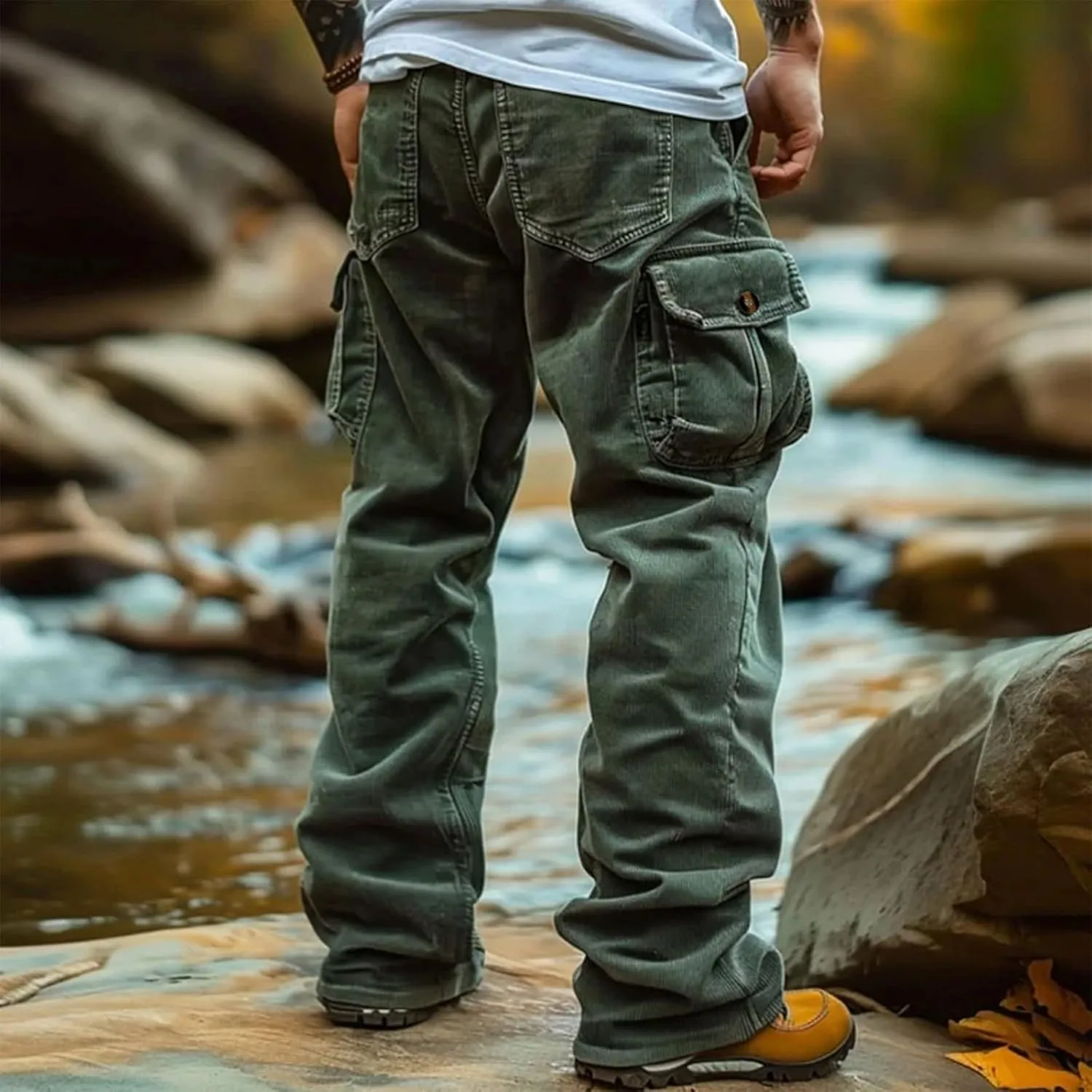 Mens Corduroy Cargo Pant Causal Baggy Straight Wide Leg Hiking Work Pants with Multi Pocket Hip Hop Trouser Streetwear