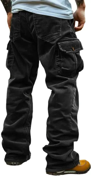 Mens Corduroy Cargo Pant Causal Baggy Straight Wide Leg Hiking Work Pants with Multi Pocket Hip Hop Trouser Streetwear