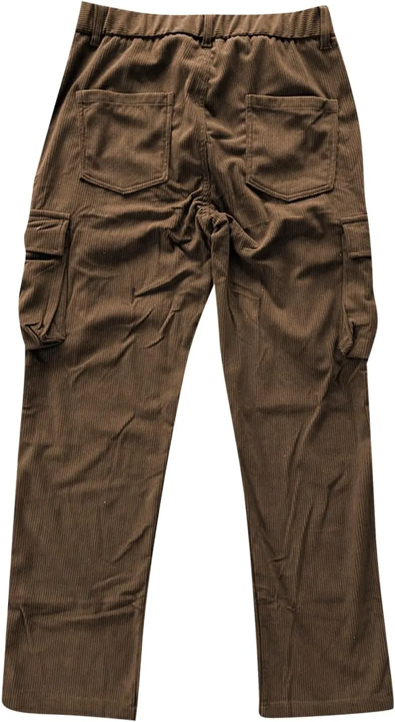 Mens Corduroy Cargo Pant Causal Baggy Straight Wide Leg Hiking Work Pants with Multi Pocket Hip Hop Trouser Streetwear