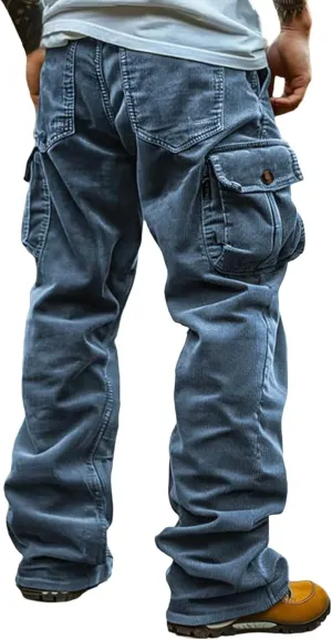 Mens Corduroy Cargo Pant Causal Baggy Straight Wide Leg Hiking Work Pants with Multi Pocket Hip Hop Trouser Streetwear