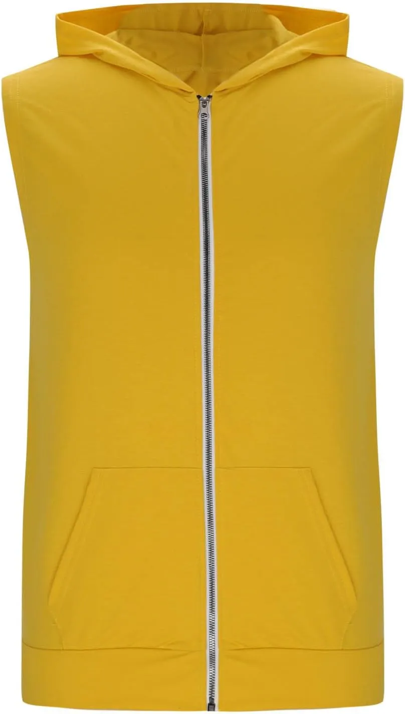 Men's Hooded Tank Tops Zip Up Bodybuilding Fitness Muscle T Shirt Sleeveless Summer Gym Athletic Hoodies with Pockets