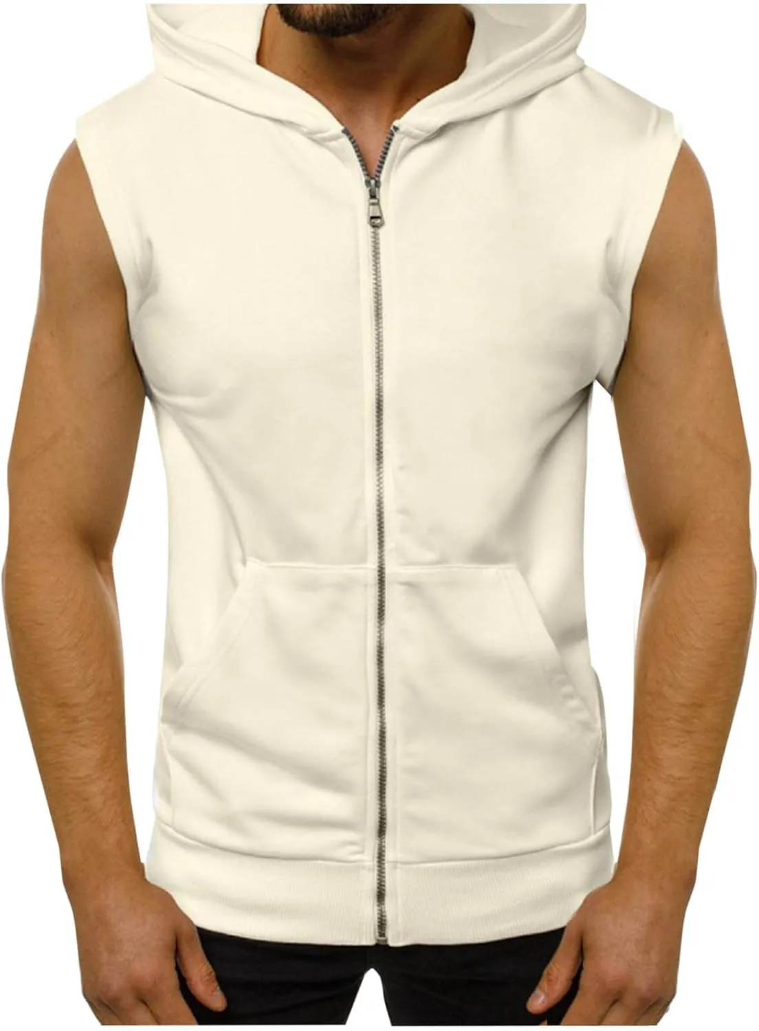 Men's Hooded Tank Tops Zip Up Bodybuilding Fitness Muscle T Shirt Sleeveless Summer Gym Athletic Hoodies with Pockets