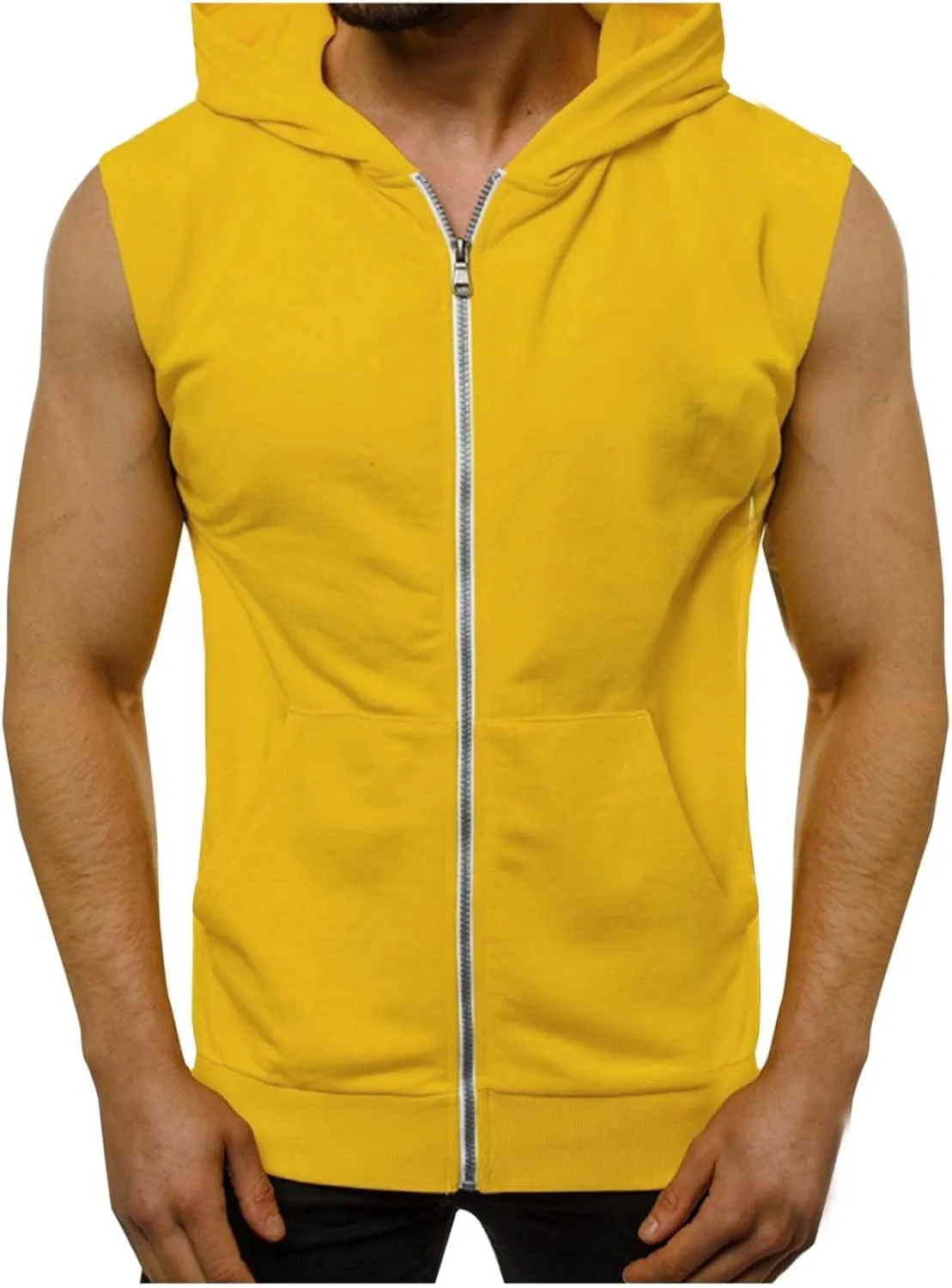 Men's Hooded Tank Tops Zip Up Bodybuilding Fitness Muscle T Shirt Sleeveless Summer Gym Athletic Hoodies with Pockets