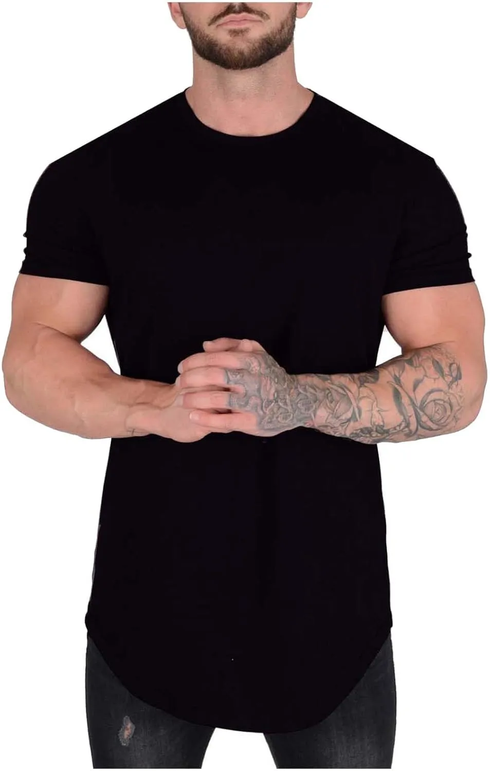 Mens Longline T Shirt Slim Fit Short Sleeve Cotton Crewneck Gym Bodybuilding Workout Muscle Shirts Hipster Hip Hop Top