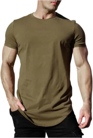 Mens Longline T Shirt Slim Fit Short Sleeve Cotton Crewneck Gym Bodybuilding Workout Muscle Shirts Hipster Hip Hop Top