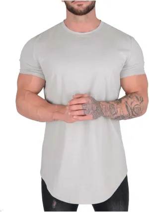 Mens Longline T Shirt Slim Fit Short Sleeve Cotton Crewneck Gym Bodybuilding Workout Muscle Shirts Hipster Hip Hop Top