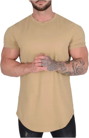 Mens Longline T Shirt Slim Fit Short Sleeve Cotton Crewneck Gym Bodybuilding Workout Muscle Shirts Hipster Hip Hop Top