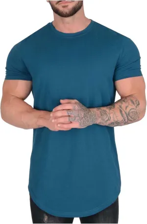 Mens Longline T Shirt Slim Fit Short Sleeve Cotton Crewneck Gym Bodybuilding Workout Muscle Shirts Hipster Hip Hop Top