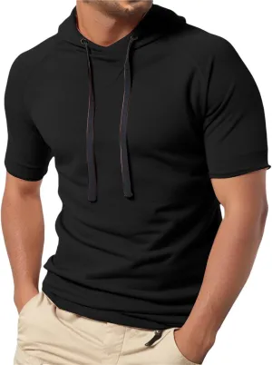 Mens Short Sleeve Hoodies Slim Muscle Fit Lightweight Gym Workout Hooded T Shirts Performance Athletic Sweatshirts