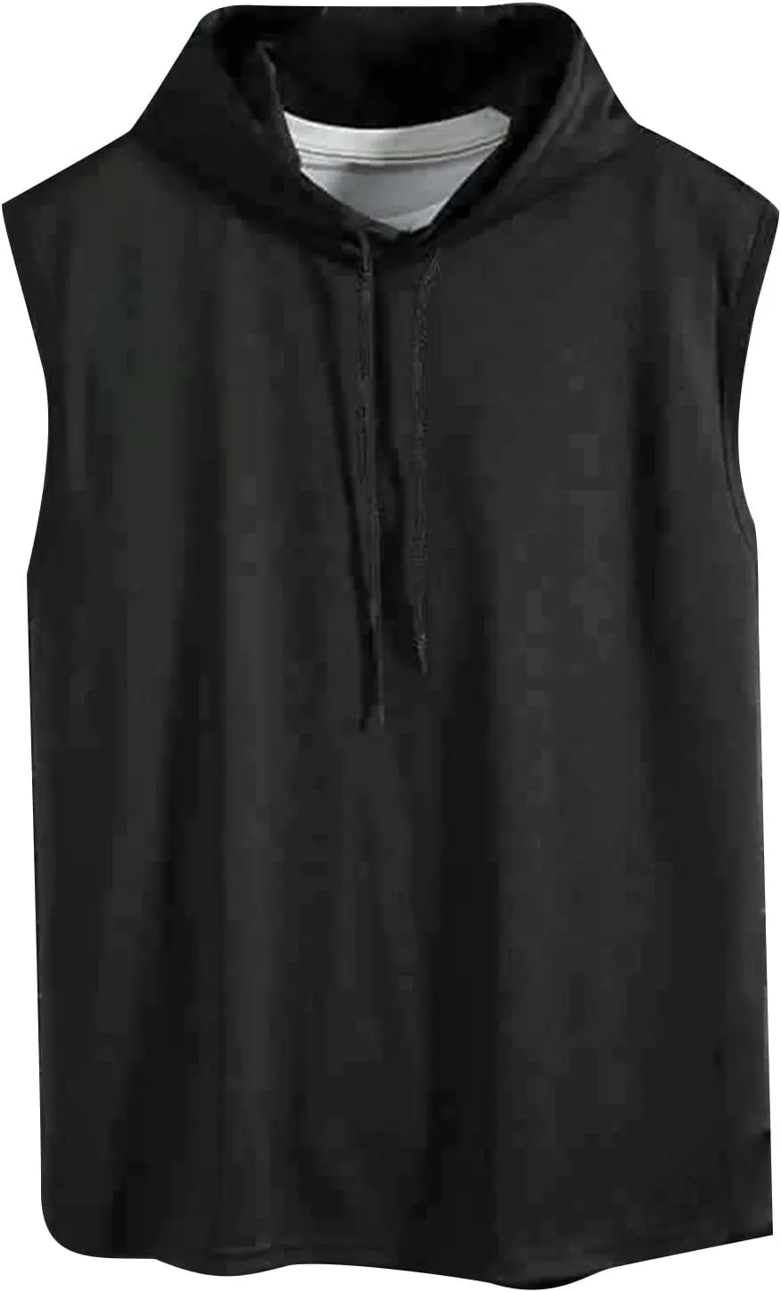 Mens Sleeveless Tank Tops with Hooded Breathable Quick Dry Summer Hoodie Trendy Solid Color Athletic Training Pullover