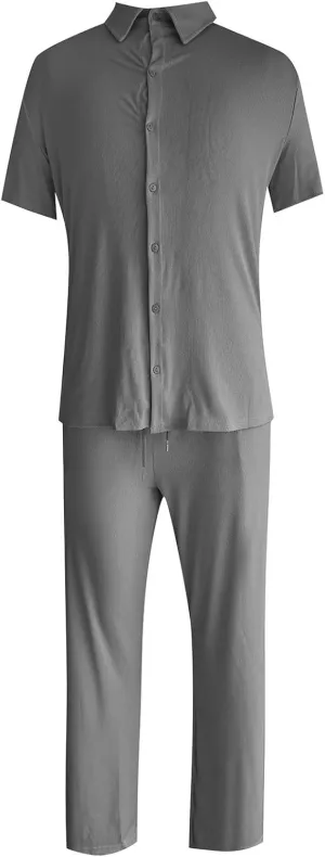 Mens Track Suits 2 Piece Set Button Down Lapel Shirts With Straight Wide Leg Trouser Summer Casual Loungewear Sets