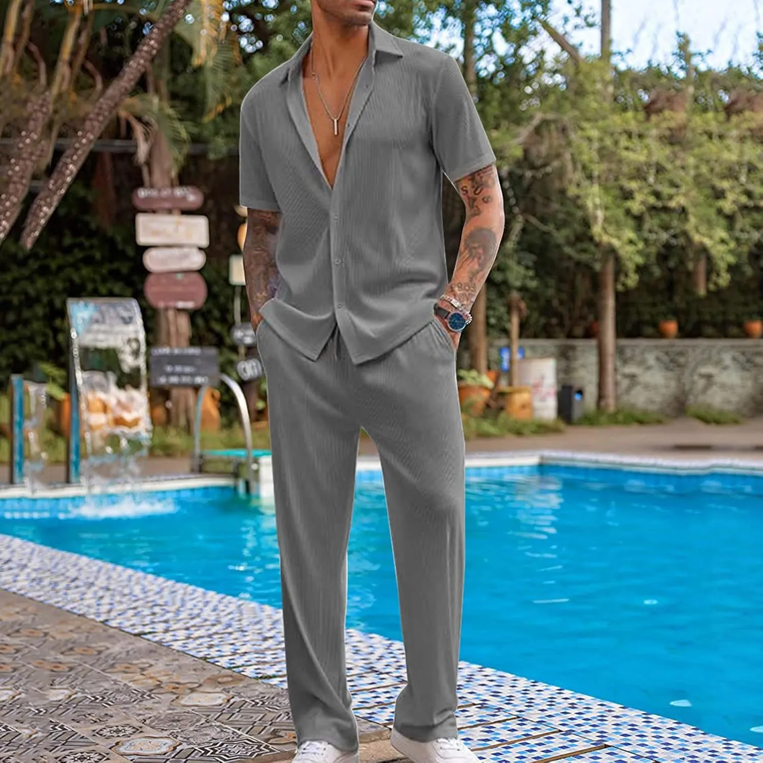 Mens Track Suits 2 Piece Set Button Down Lapel Shirts With Straight Wide Leg Trouser Summer Casual Loungewear Sets