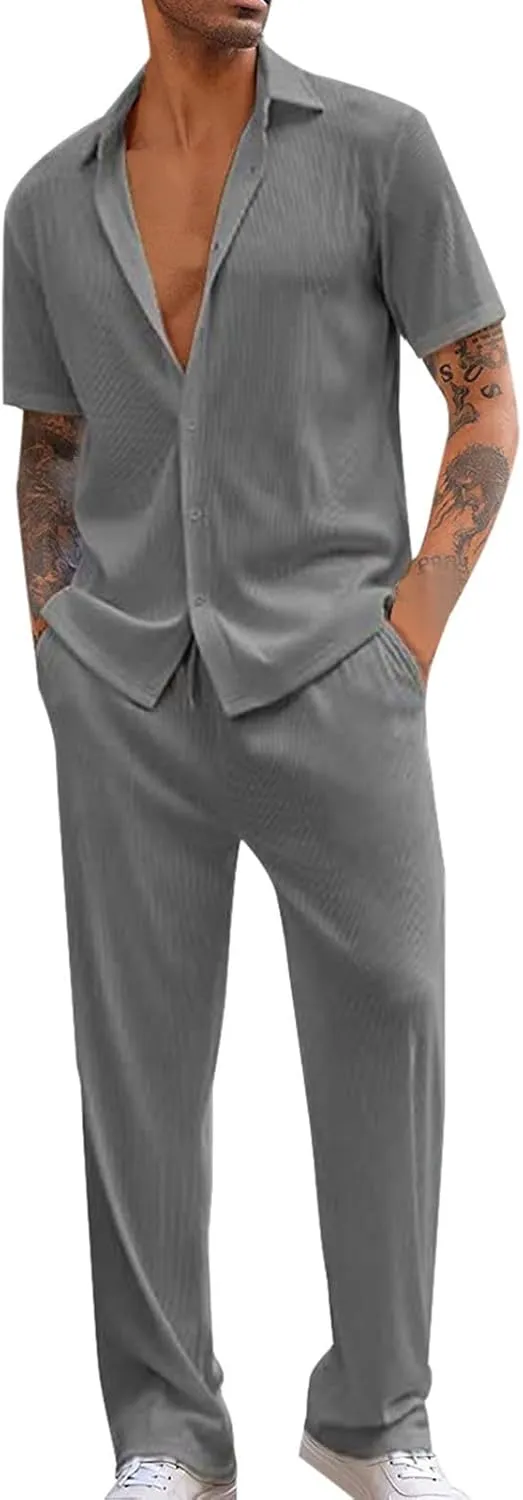 Mens Track Suits 2 Piece Set Button Down Lapel Shirts With Straight Wide Leg Trouser Summer Casual Loungewear Sets