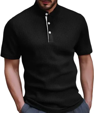 Mens Waffle Henley Shirts Short Sleeve Casual Slim Fit Band Collar Button Up Golf Polo Shirts Performance T Shirt