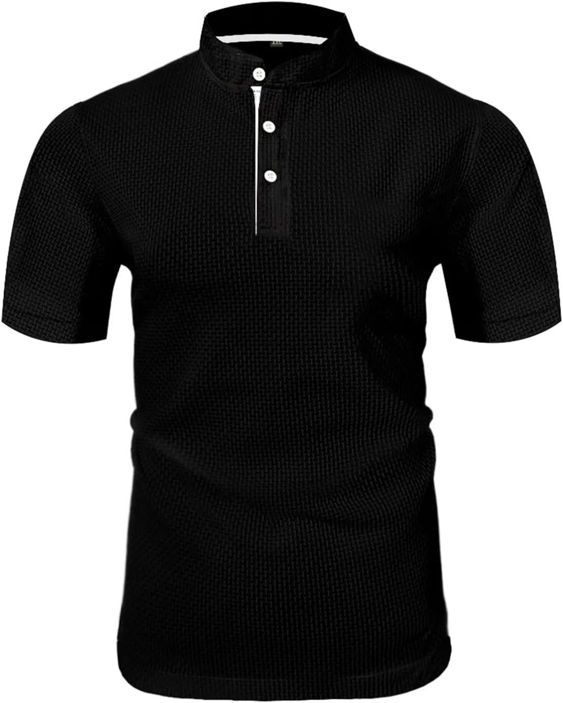 Mens Waffle Henley Shirts Short Sleeve Casual Slim Fit Band Collar Button Up Golf Polo Shirts Performance T Shirt