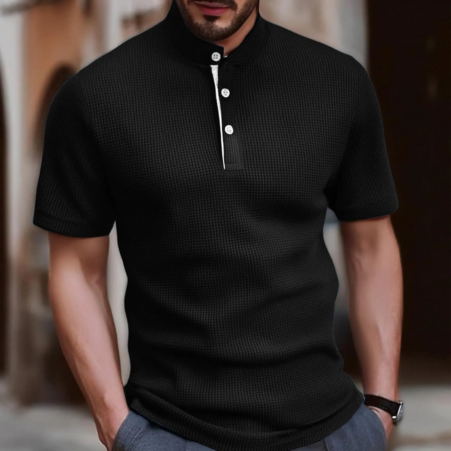 Mens Waffle Henley Shirts Short Sleeve Casual Slim Fit Band Collar Button Up Golf Polo Shirts Performance T Shirt