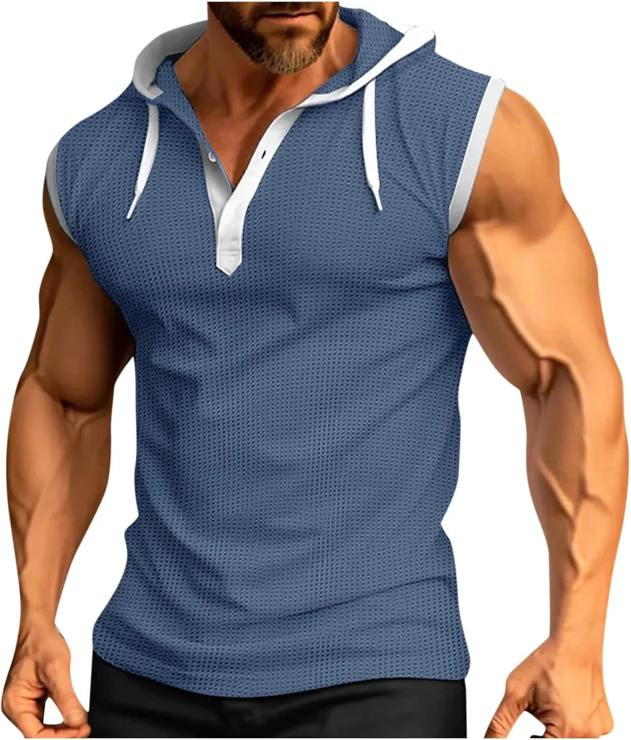 Men's Waffle Workout Hooded Tank Tops Button Down Sleeveless Gym Hoodies Color Block Training Athletic Muscle Pullover