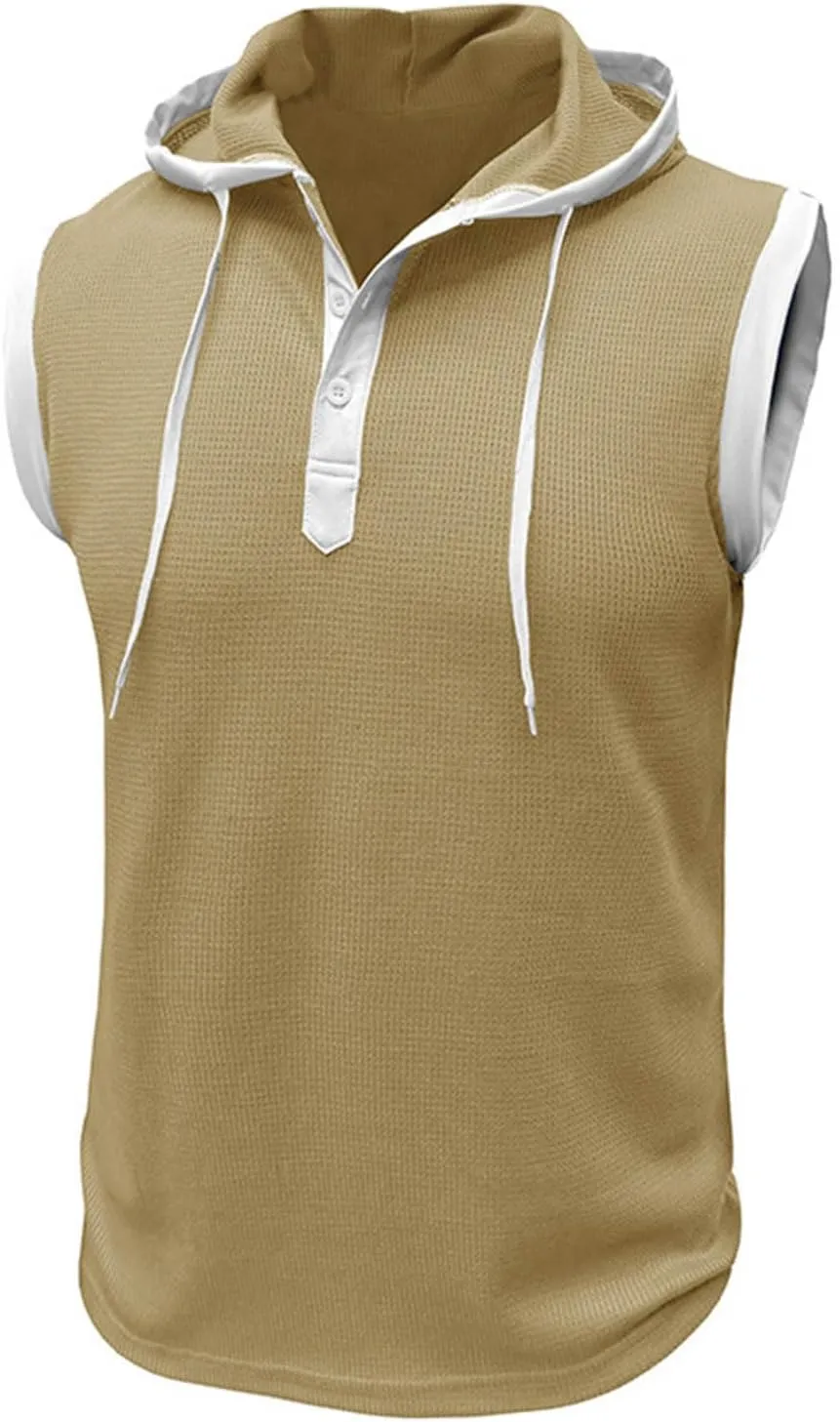 Men's Waffle Workout Hooded Tank Tops Button Down Sleeveless Gym Hoodies Color Block Training Athletic Muscle Pullover