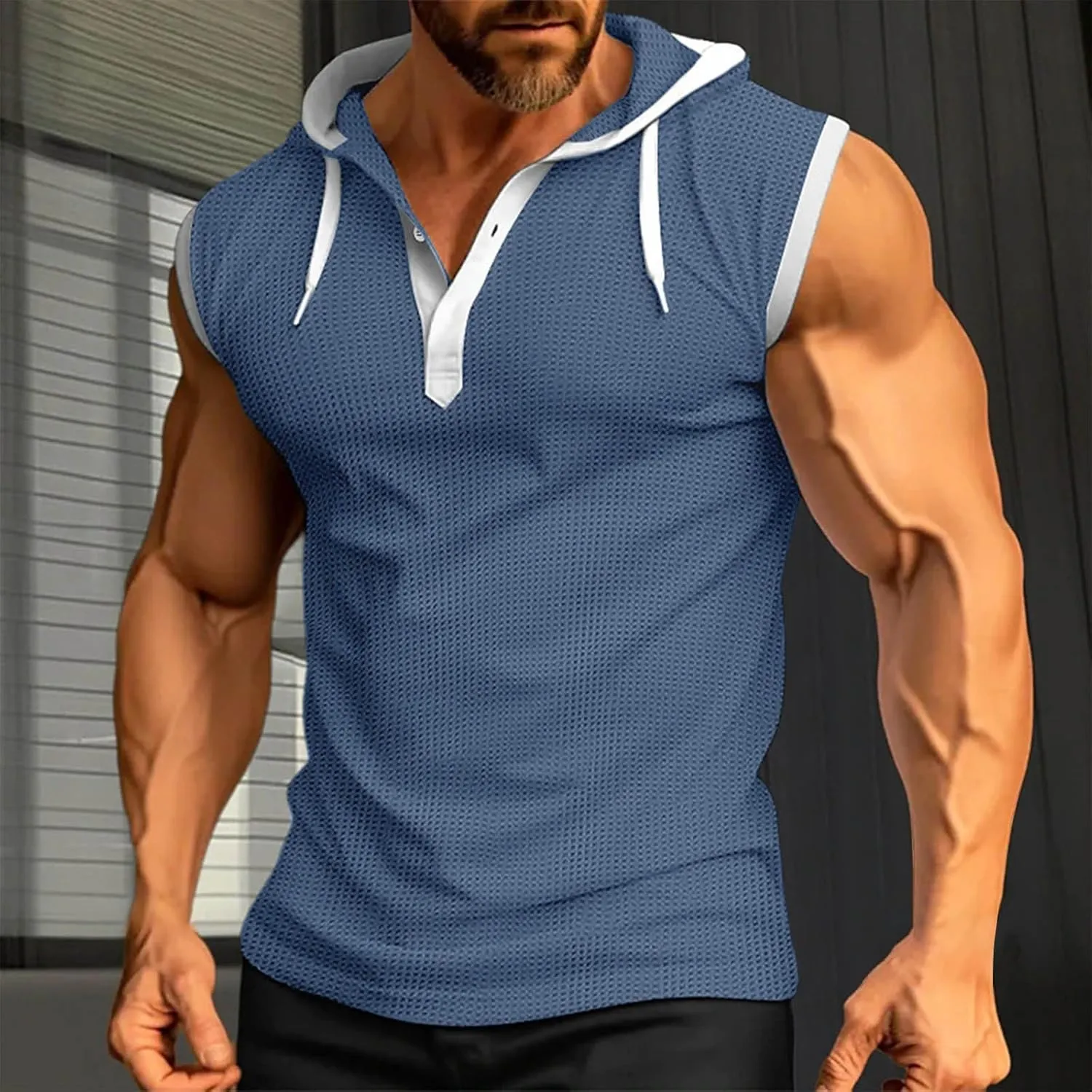 Men's Waffle Workout Hooded Tank Tops Button Down Sleeveless Gym Hoodies Color Block Training Athletic Muscle Pullover