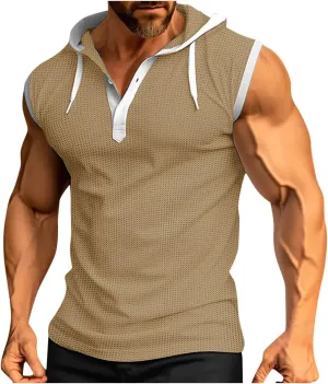 Men's Waffle Workout Hooded Tank Tops Button Down Sleeveless Gym Hoodies Color Block Training Athletic Muscle Pullover