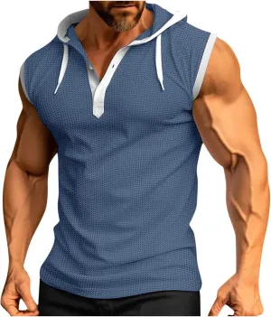 Men's Waffle Workout Hooded Tank Tops Button Down Sleeveless Gym Hoodies Color Block Training Athletic Muscle Pullover