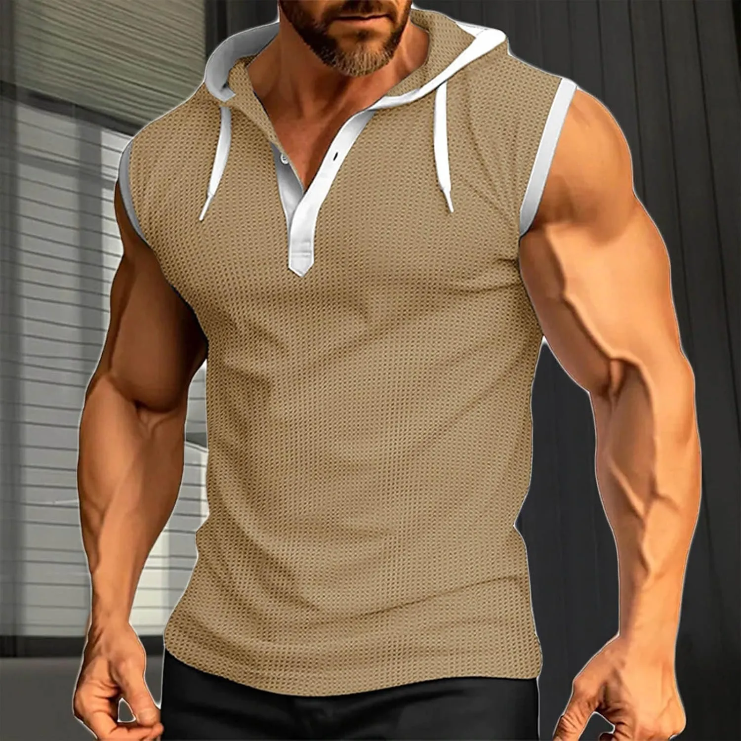Men's Waffle Workout Hooded Tank Tops Button Down Sleeveless Gym Hoodies Color Block Training Athletic Muscle Pullover