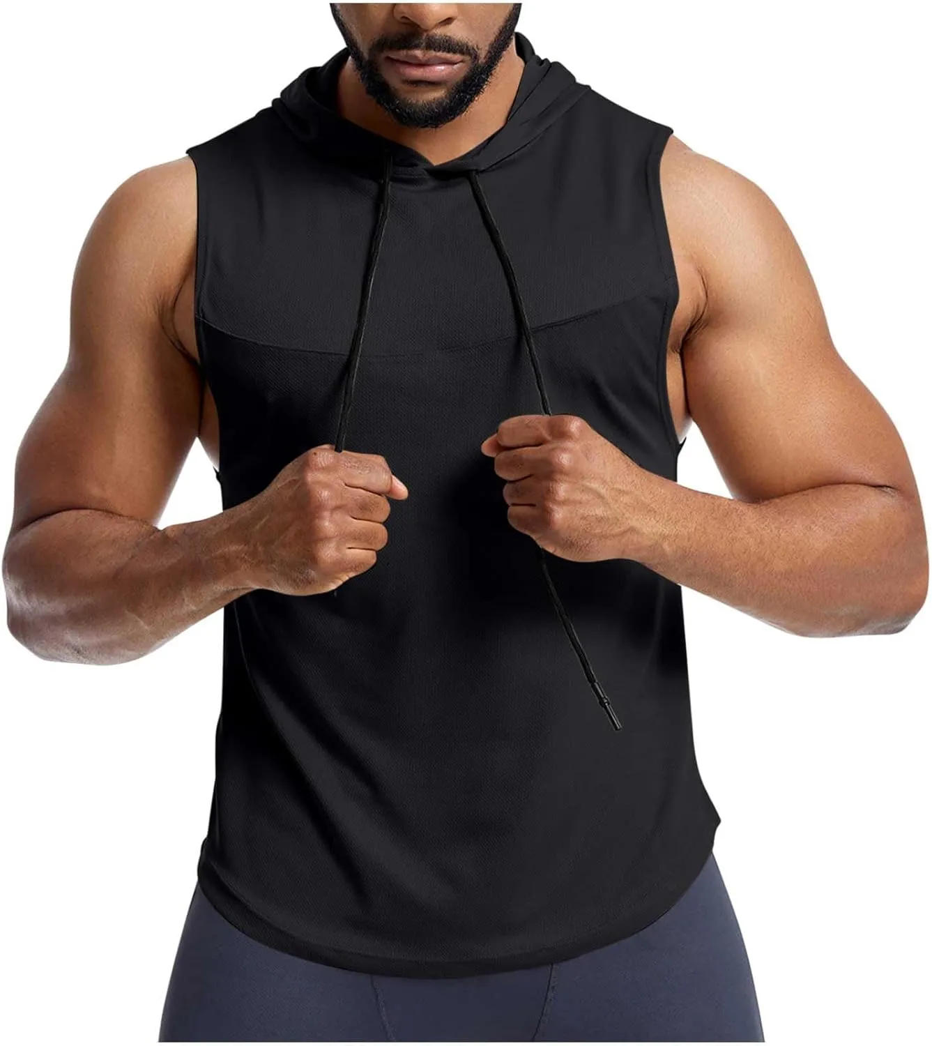 Men's Workout Hooded Tank Tops Quick Dry Muscle Cut Off T Shirt Summer Sleeveless Running Athletic Drawstring Hoodies