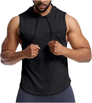 Men's Workout Hooded Tank Tops Quick Dry Muscle Cut Off T Shirt Summer Sleeveless Running Athletic Drawstring Hoodies