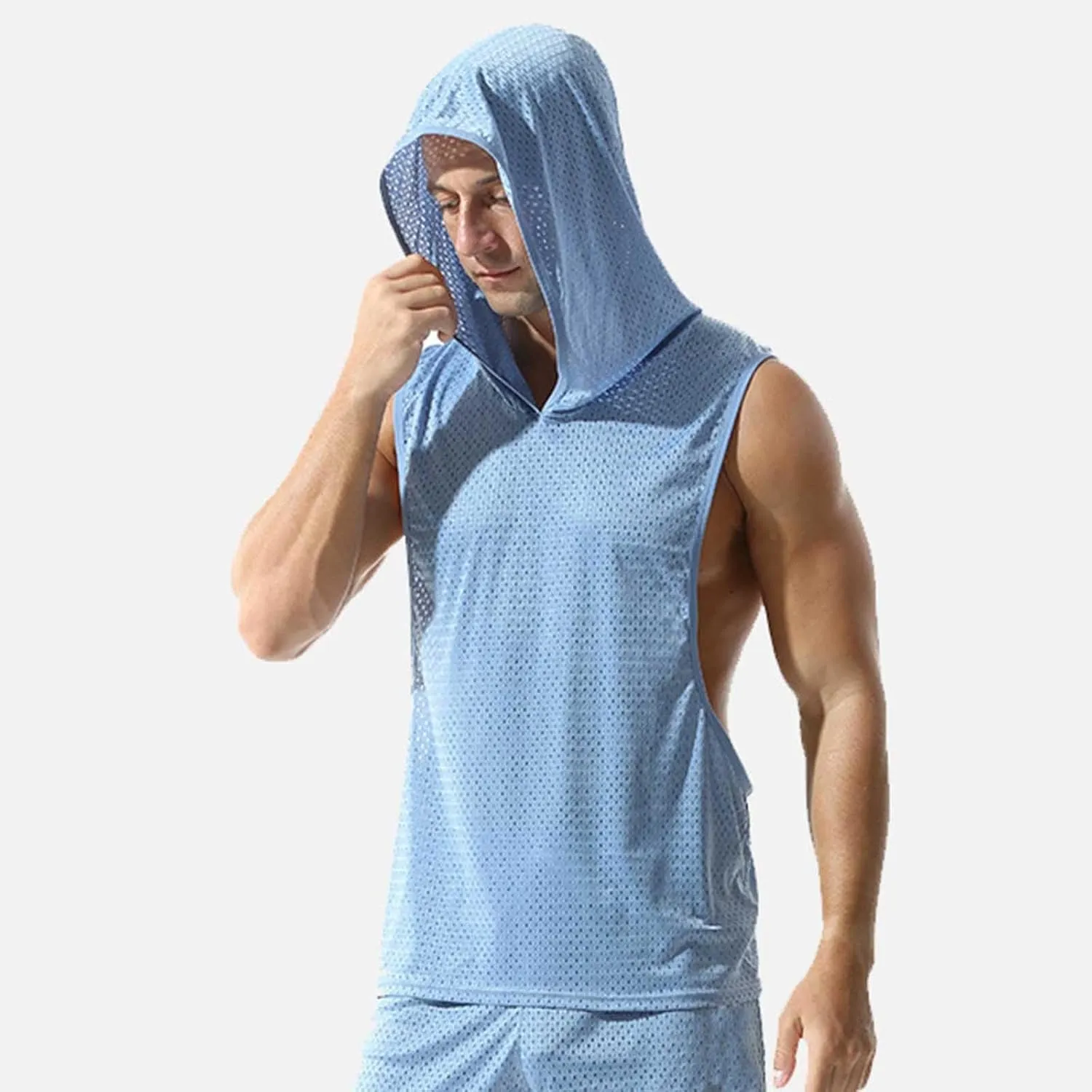 Men's Workout Hooded Tank Tops Y-Back Sports Training Sleeveless Shirt Gym Hoodies Bodybuilding Cut Off Muscle Shirts
