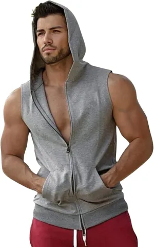 Mens Workout Hooded Tank Tops Zip Up Sleeveless Gym Training Hoodies Bodybuilding Muscle Cut Off T Shirts with Pockets