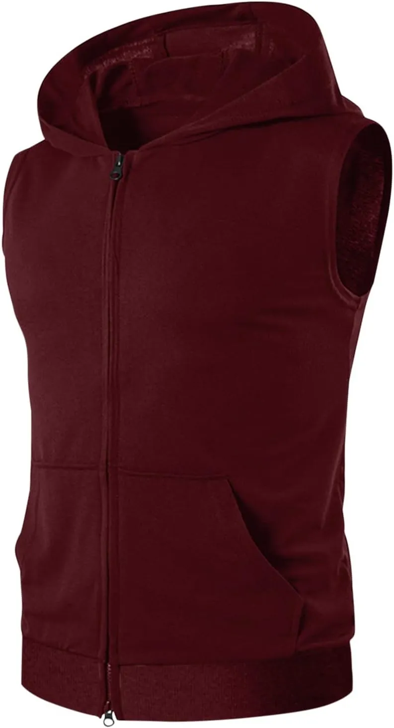 Mens Workout Hooded Tank Tops Zip Up Sleeveless Gym Training Hoodies Bodybuilding Muscle Cut Off T Shirts with Pockets