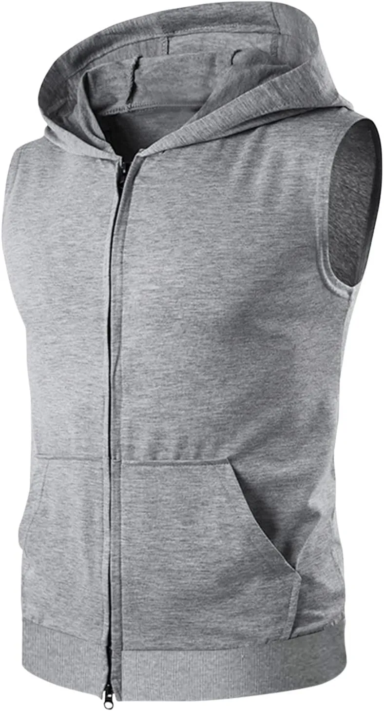 Mens Workout Hooded Tank Tops Zip Up Sleeveless Gym Training Hoodies Bodybuilding Muscle Cut Off T Shirts with Pockets