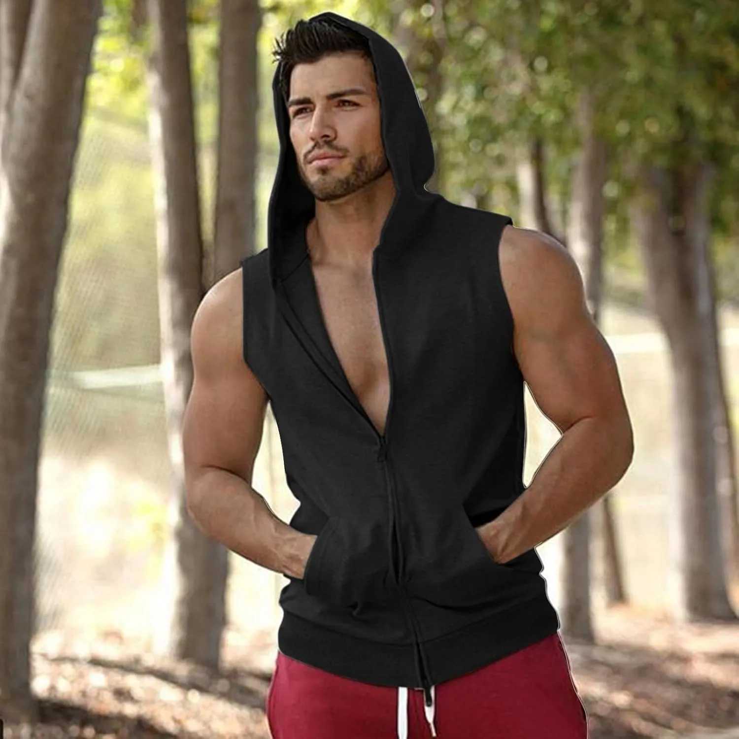 Mens Workout Hooded Tank Tops Zip Up Sleeveless Gym Training Hoodies Bodybuilding Muscle Cut Off T Shirts with Pockets