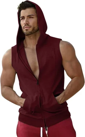 Mens Workout Hooded Tank Tops Zip Up Sleeveless Gym Training Hoodies Bodybuilding Muscle Cut Off T Shirts with Pockets